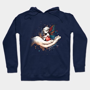 Woman Cradling Fairy in Palm Of Hand Watercolor Design | Dark Hoodie